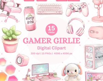 Cozy Gamer Clipart PNG Pink Kawaii Gaming Cute Girly Video Game Art Gamer Girl Printable Digital Stickers Instant Download Commercial Use