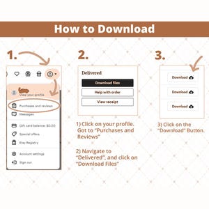 May include: A guide on how to download files, with numbered instructions and screenshots. The guide includes the text "How to Download", and instructions to click on profile, navigate to "Delivered", and click "Download Files".