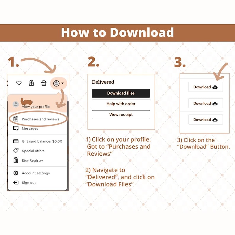 May include: A guide on how to download files, with numbered instructions and screenshots. The guide includes the text "How to Download", and instructions to click on profile, navigate to "Delivered", and click "Download Files".