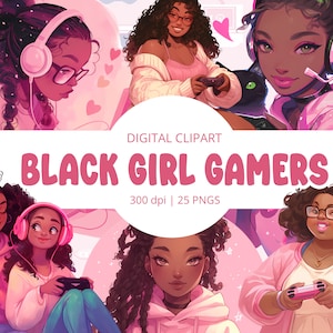 ゲーマーの黒人少女のクリップアート - ゲーマーの少女、黒人少女の魔法、黒人少女のPNG、デジタルステッカー、アニメの女の子、黒人少女のアート、黒人女性のアート