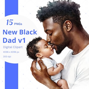 Ensemble de cliparts nouveau papa fête des pères afro-américains PNG homme noir graphiques nouveau-né nouveau bébé aquarelle Clip Art imprimable pour travaux manuels