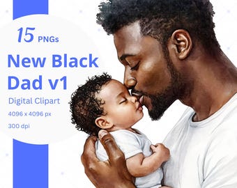 New Dad Clipart Bundle African American Vatertag PNG Black Man Grafiken Neugeborene Neues Baby Aquarell Clip Art Printable für DIY Handwerk
