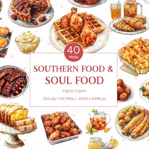 Könnte beinhalten: Ein digitaler Clipart-Satz mit 40 Aquarell-Illustrationen von Gerichten aus dem Süden und Soul Food. Das Set enthält Brathähnchen, Makkaroni und Käse, Grünkohl, Pfirsich-Crumble, Süßkartoffelkuchen, Maisbrot und mehr.