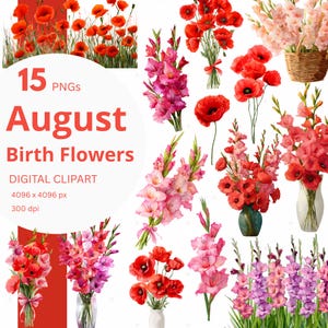 August Geburt Blume Clipart PNG Floral Aquarell Clip Art Mohn Gladiolus Benutzerdefinierte Geburtsmonat druckbare Kunst für Sommer Geburtstag Leo Virgo
