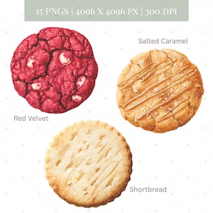 May include: An image featuring three cookies: a red velvet cookie with white chocolate chips, a salted caramel cookie drizzled with caramel and sprinkled with salt, and a shortbread cookie. The image includes the text "Red Velvet", "Salted Caramel", and "Shortbread".