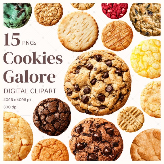 Printable Cookie Clipart Bundle, Cozy Dessert Art Baking PNG, Chocolate Chip Sugar Cookie Images for Junk Journal Scrapbook Digital Sticker