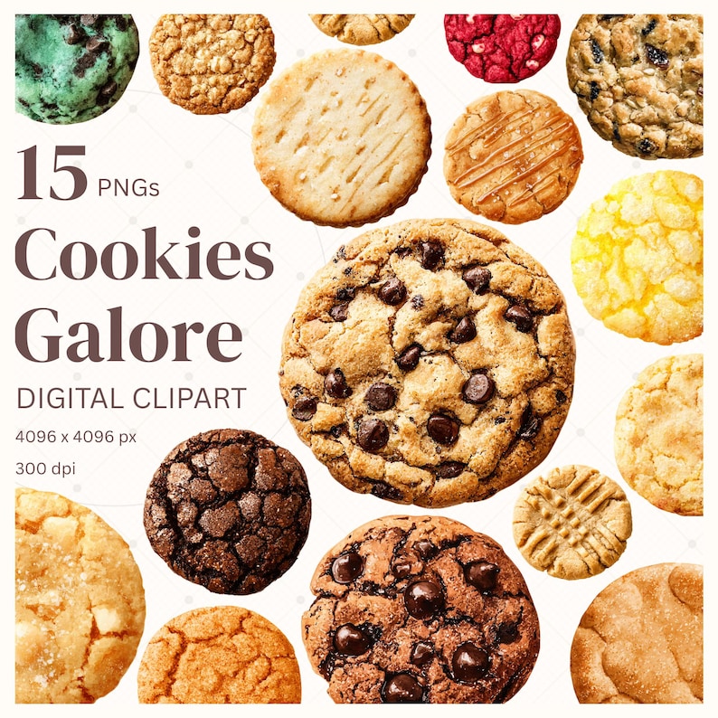 May include: A collection of 15 PNG digital clipart images featuring various cookies. The cookies are in different shapes, sizes, and colors, including chocolate chip, peanut butter, and oatmeal raisin. The text "Cookies Galore" is displayed in a large font.