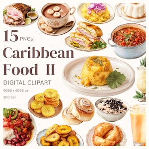 Caribisch eten aquarel clipart bundel Cuba Dominicaanse Republiek Puerto Rico Latijns-Amerikaans Hispanic erfgoed afdrukbare eten illustraties, PNG