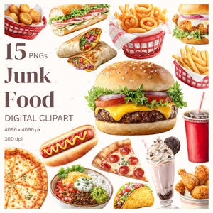 Snabbmat akvarell Clipart PNG-paket, hamburgare pommes frites pizza taco stekt kyckling grafik, skräpmat utskrivbara planerarbilder digitala klistermärken