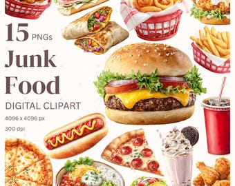 Fast Food Watercolor Clipart PNG Bundle, Burger Fries Pizza Taco Fried Chicken Graphics, Junk Food Printable Planner Images Digital Sticker