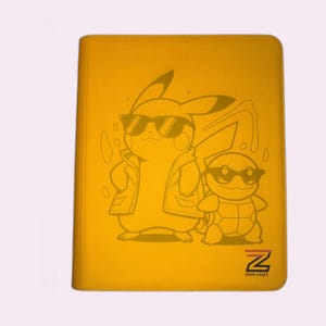 May include: A rectangular yellow storage case featuring a dark brown line art illustration of Pikachu and Squirtle wearing sunglasses. The bottom right corner displays the text ZION CASES with a stylized Z logo in black, red, and orange.