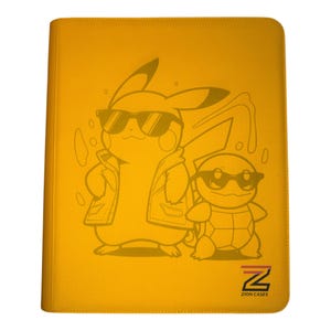 May include: A bright yellow rectangular trading card binder featuring a line art illustration of Pikachu and Squirtle wearing sunglasses. The bottom right corner displays the black and red ZION CASES logo with the text ZION CASES underneath.