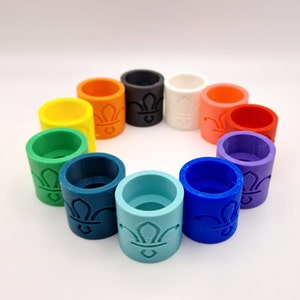 May include: A collection of cylindrical, colorful objects, each featuring a fleur-de-lis design. The objects are arranged in a circular pattern, showcasing a variety of colors including yellow, orange, black, white, red, purple, blue, and green.