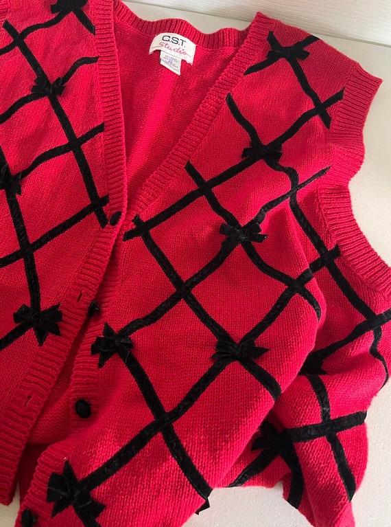 Vintage Christmas Red & Black Sweater Vest with Bo