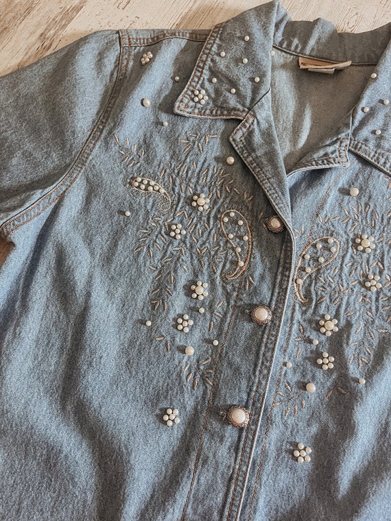 Vintage Denim Button Up Shirt with Pearls