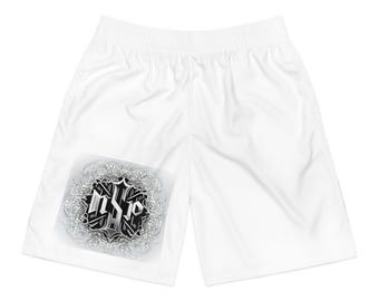 May include: White athletic shorts with an elastic waistband. The shorts feature a large, ornate, silver and black graphic on the left leg. The graphic appears to be a stylized monogram or emblem.