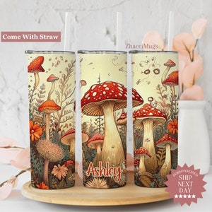 Mushroom Plants Tumbler Personalized, Floral Cup With Lid And Straw, Cottagecore Cup For Women, Cute Mushroom Lovers Gift Travel Mug For Her