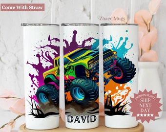 Custom Monster Truck Tumbler, Monster Truck Mens 20oz Cup With Straw, Personalized Birthday Name Gift For Men, Kids Travel Cup For Teen Boy