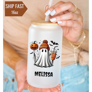 Custom Halloween Ghost Glass Tumbler, 16oz Spooky Season Iced Coffee Glass Mug Gift for Halloween Cute Personalized Ghost Travel Coffee Cup