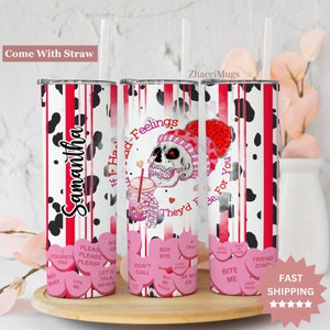 Gothic Valentine Tumbler Personalized, Creepy Skeleton 20oz Cup With Straw, Goth Travel Mug For Women Funny Anti Valentines Day Gift For Her