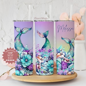Personalized Floral Mermaid Tumbler With Name, Mermaid Tail Tumbler With Straw Gift For Her, Mermaid Scale Tumbler Gift for Mermaid Lover