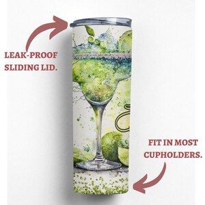 May include: A stainless steel tumbler with a green margarita cocktail design. The tumbler has a leak-proof sliding lid and fits in most cupholders.