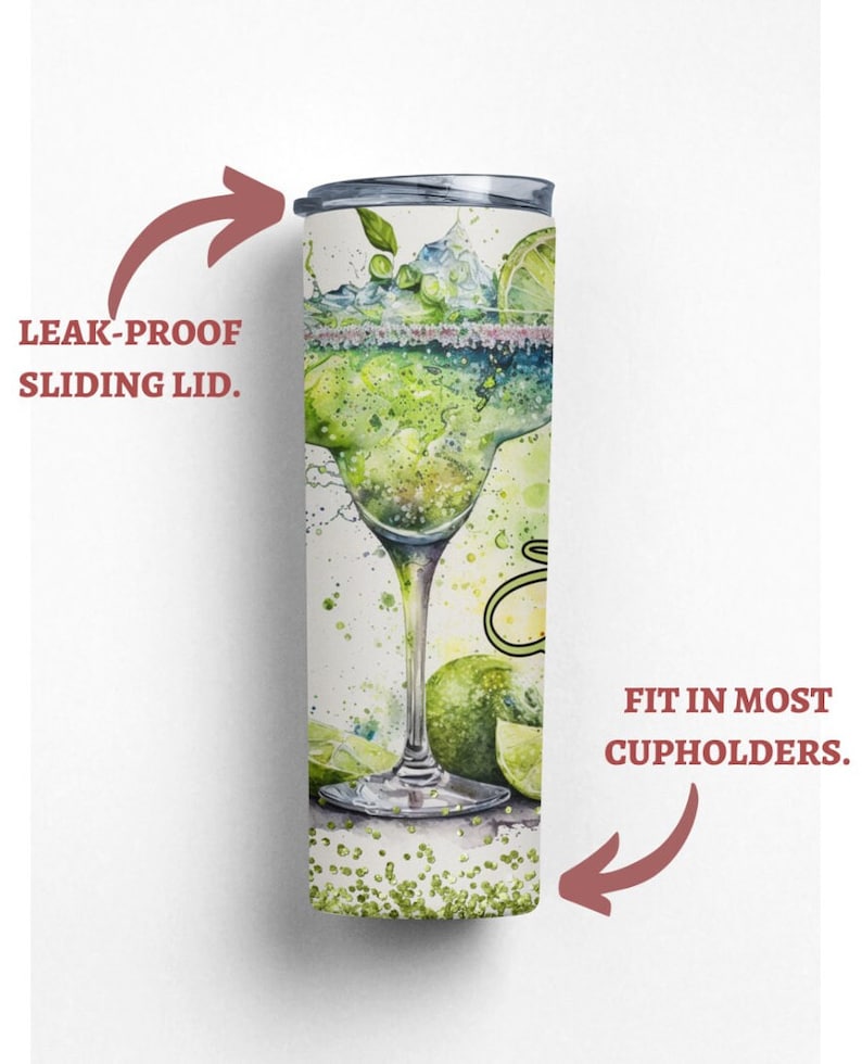 May include: A stainless steel tumbler with a green margarita cocktail design. The tumbler has a leak-proof sliding lid and fits in most cupholders.
