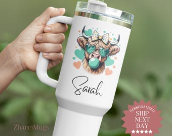 Personalized Highland Cow Tumbler With Handle 40oz, Custom Highland Cow Travel Mug Gift For Highland Cow Lover, Baby Highland Cow Travel Cup