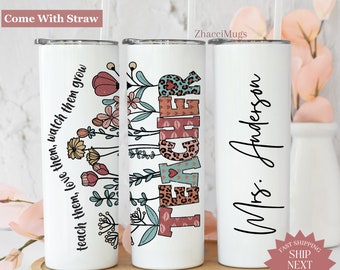 Teacher Tumbler Personalized, Teacher 20oz Cup With Straw, Teach Love Inspire Teacher Travel Mug For Women Teacher Appreciation Gift For Her
