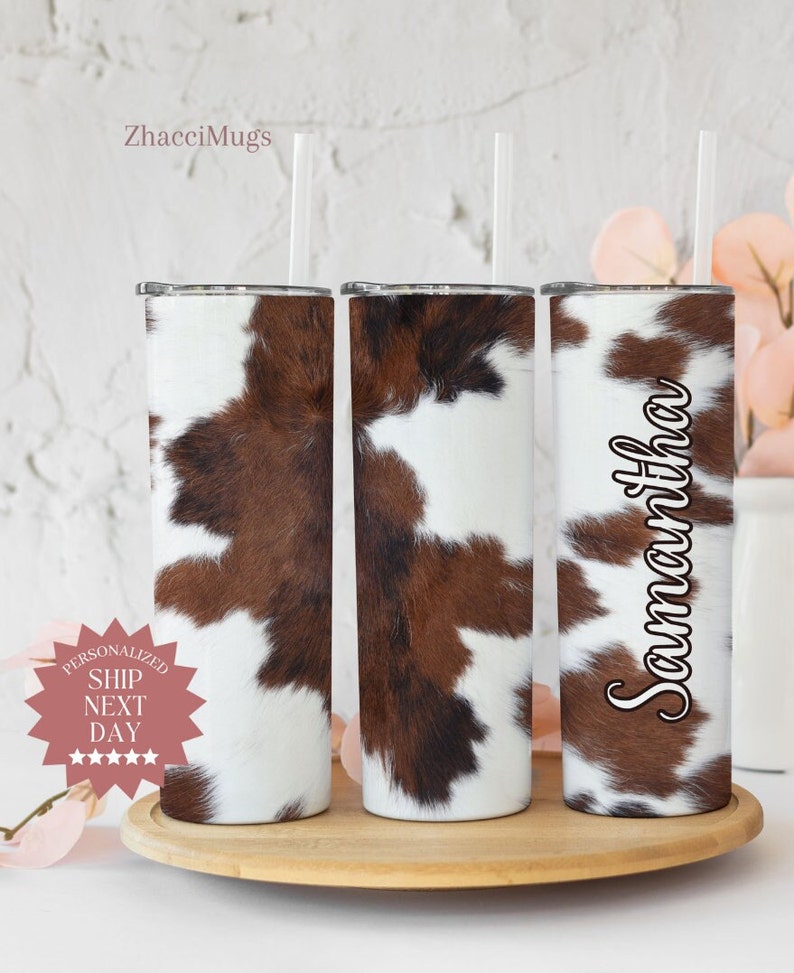 Personalized Cow Print Tumbler With Initial Letter - Glitter Black & White 20oz Stainless Steel Insulated Cup, Unique Gift For Women - View #9