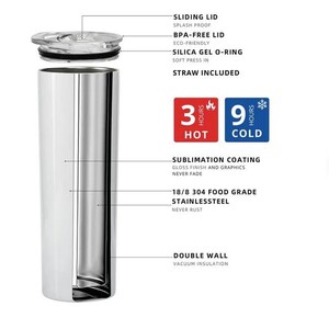 May include: A stainless steel tumbler with a double wall and vacuum insulation. It has a sliding lid, a BPA-free lid, and a silica gel O-ring. The tumbler is designed to keep drinks hot for 3 hours and cold for 9 hours. It is also sublimation coated, which means that the graphics will never fade. The tumbler is made of 18/8 304 food grade stainless steel and is rust-proof.