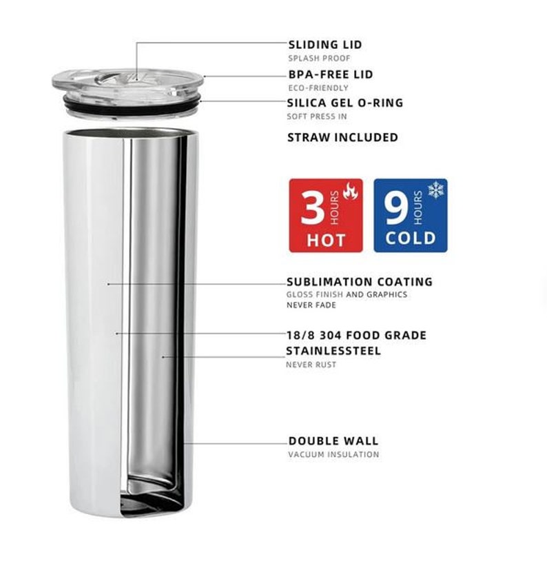 May include: A stainless steel tumbler with a double wall and vacuum insulation. It has a sliding lid, a BPA-free lid, and a silica gel O-ring. The tumbler is designed to keep drinks hot for 3 hours and cold for 9 hours. It is also sublimation coated, which means that the graphics will never fade. The tumbler is made of 18/8 304 food grade stainless steel and is rust-proof.
