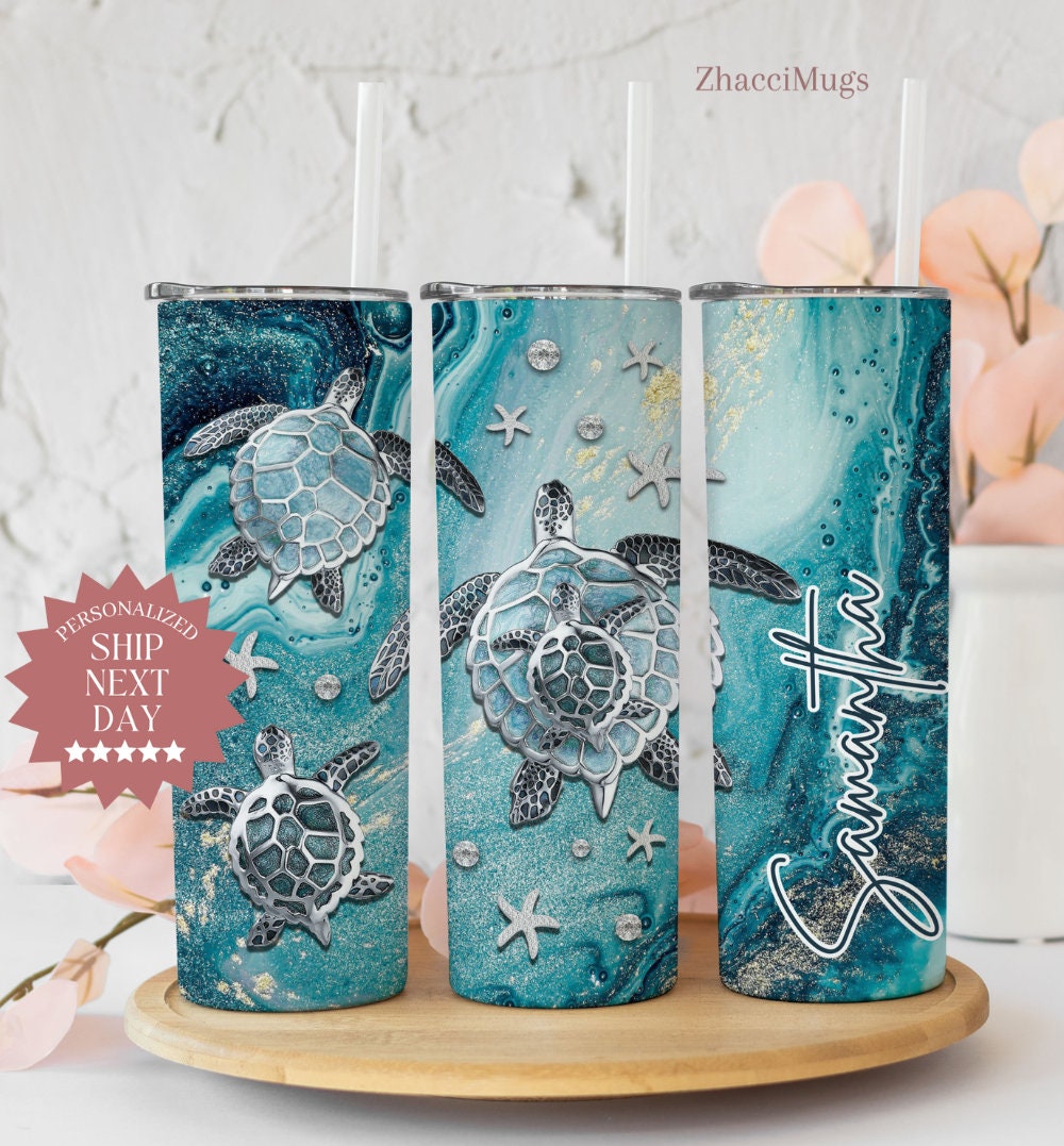 Personalized Sea Turtle Tumbler with Name, Glitter Ocean Tumbler, Gift for Turtle Lover, Birthday Gift For Women, Sea Animals Tumbler Cup