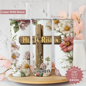 Cross Floral Tumbler Personalized, Easter Gift For Women, Christian Affirmation 20oz Cup With Straw Cute Birthday Name Travel Mug For Her