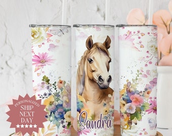 Personalized Buckskin Horse Tumbler, Equestrian Gifts for Women, Horse Lover Cup, Girl and her horse, Floral Travel Mug, Horse Lady Gifts