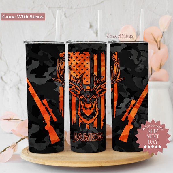 Personalized Deer Hunter Tumbler, Black Orange Gift For Men, Outdoor Hunter, Gift for Dad Grandpa, Camo Cup With Straw, Hunting Buddy Gifts