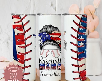 Personalized Baseball Mama Tumbler Gift for Mom for Mother's Day, Messy Bun Baseball Mom Cup Gift, Baseball Travel Cup, Baseball Mom USA Mug