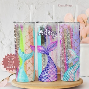 Personalized Mermaid Tumbler With Name, Mermaid Tail Tumbler With Straw Gift For Her, Mermaid Glitter Scale Mug Gift for Mermaid Lover Cup