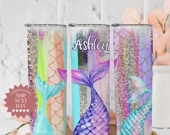 Personalized Mermaid Tumbler With Name, Mermaid Tail Tumbler With Straw Gift For Her, Mermaid Glitter Scale Mug Gift for Mermaid Lover Cup