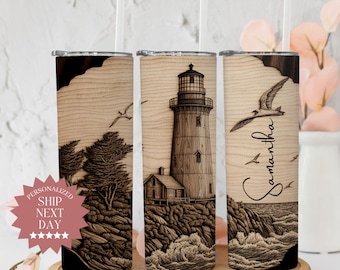 May include: Three stainless steel tumblers with a wood-grain design featuring a lighthouse, waves, and seagulls. The tumblers are personalized with the name "Samantha".