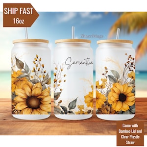 Sunflower Glass Cup Personalized Floral Gift for Women Sunflower Glass Tumbler with Lid & Straw Frosted Iced Coffee Cup Floral Name Can Cup