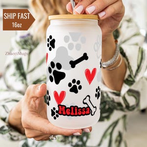 Dog Lover Frosted Cup Personalized, Custom Dog Coffee Glass Cup, Gifts For Cat Mom Glass Mug Dog Mom Travel Iced Coffee Cup With Bamboo Lid