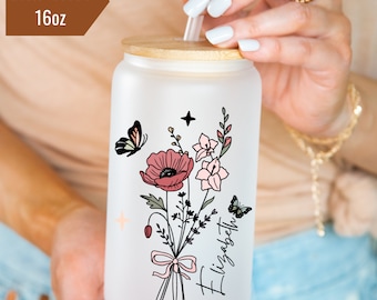 Birth Flower Tumbler Personalized With Name Birth Flower Glass Coffee Cup Mothers Day Gifts for Her Birthday Bridesmaid Proposal Party Favor