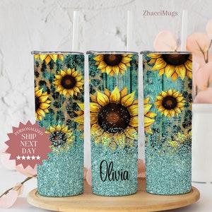 Custom Sunflower Tumbler, Teal Cowhide Tumbler, Sunflower Tumbler Gifts, Tumbler With Straw Personalized Teal Sunflower Travel Cup For Her