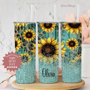 Custom Sunflower Tumbler, Teal Cowhide Tumbler, Sunflower Tumbler Gifts, Tumbler With Straw Personalized Teal Sunflower Travel Cup For Her