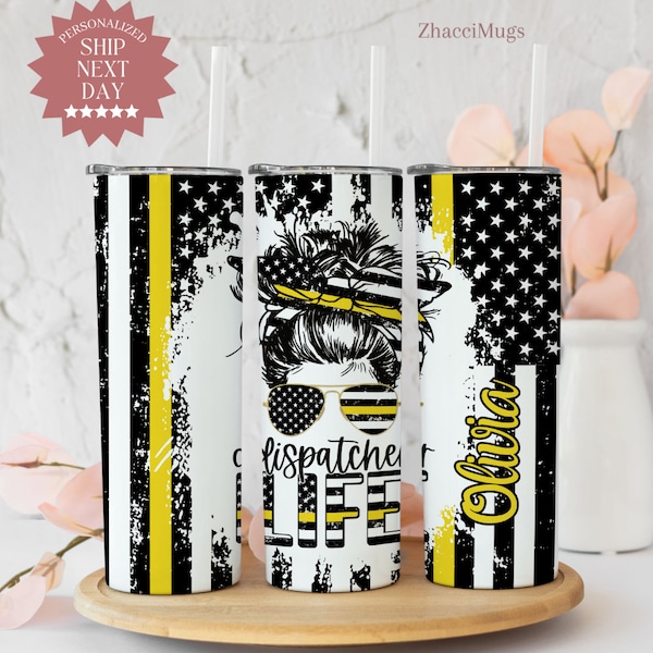 Dispatcher Tumbler Personalized, 911 Messy Bun 20oz Tumbler Gift For Women, First Responders Travel Cup With Straw, Dispatch Officer Gift