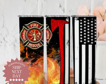 Firefighter Tumbler For Fathers Day, Fireman Gift, First Responder Travel Cup, Cute Firefighter Wife Mug, Bunker Gear Tumbler, Thin Red Line