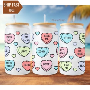 Candy Hearts Glass Tumbler, Valentine Conversation Heart Tumbler With Name, Custom Valentine&#39;s Day Gift For Her, Valentines Day Cup For Her