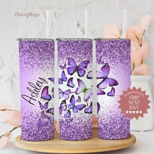 Custom Purple Butterfly Tumbler, Personalized Butterfly Gifts, Butterfly Travel Cup With Straw Butterfly Lover Gifts For Women, Gift For Her