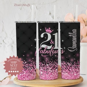 Personalized Name 21st Birthday Girl Gift For Her, 21st Birthday Milestone Birthday Tumbler With Straw, Ombre Chunky Pink Glitter Tumbler